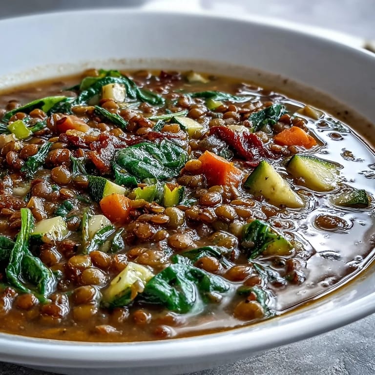 Nourishing lentil and vegetable soup topped with fresh parsley.