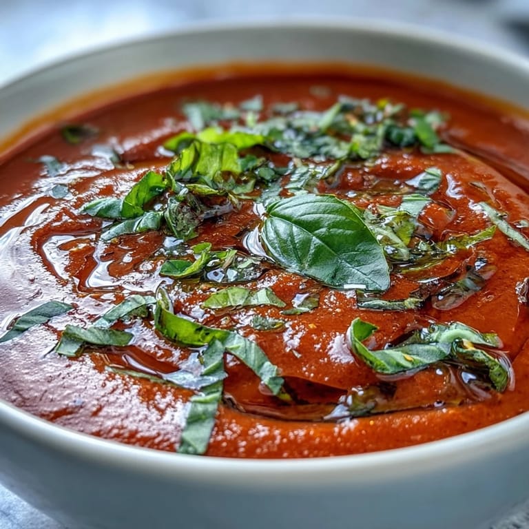Vibrant tomato basil soup with fresh basil garnish, a refreshing Italian classic.