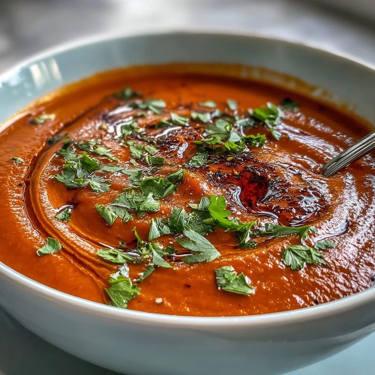 Creamy, velvety Roasted Red Pepper Soup garnished with fresh herbs and a swirl.