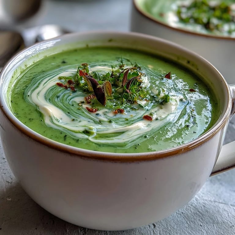 Steaming creamy broccoli soup with a velvety texture, garnished with a swirl of cream and freshly cracked black pepper.
