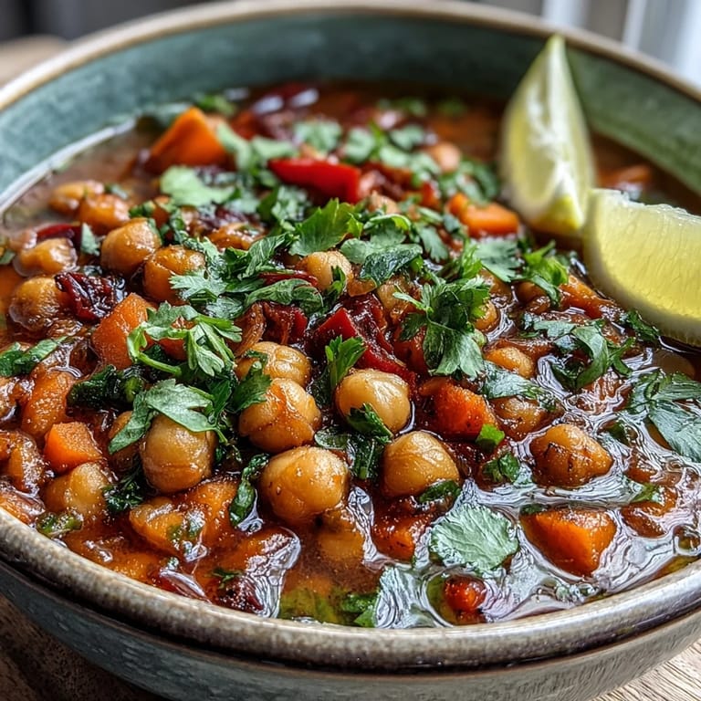 Spicy Chickpea Stew simmering in a pot with visible diced carrots, red peppers, and aromatic spices.