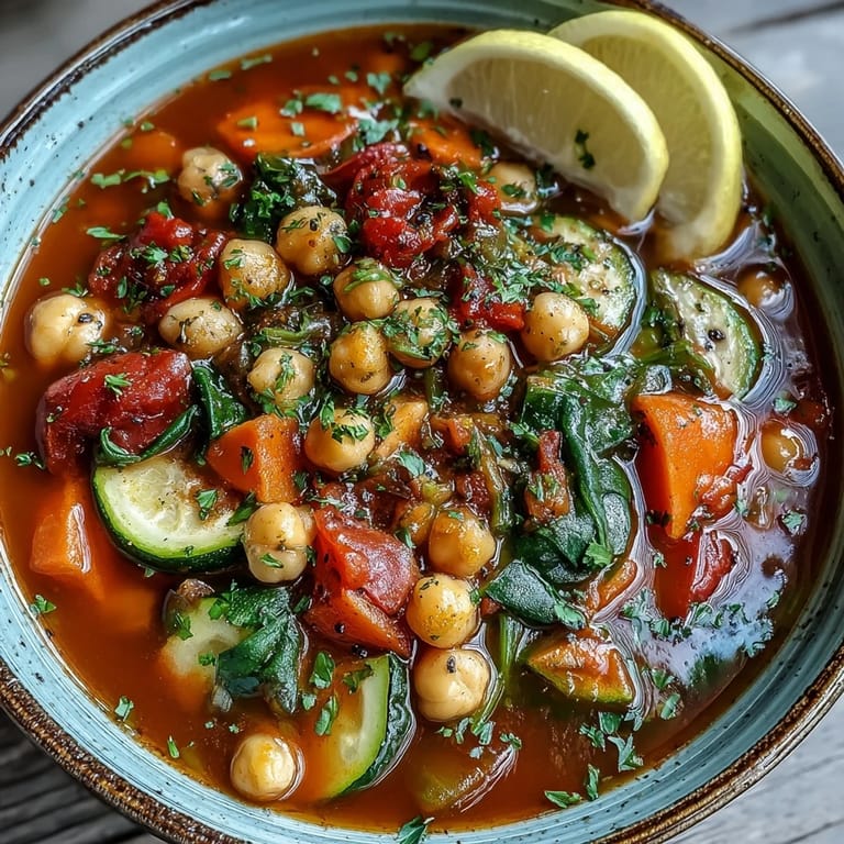 A spoon lifts a serving of hearty Chickpea Stew, showcasing carrots and celery in a golden broth, ready to be enjoyed with crusty bread.