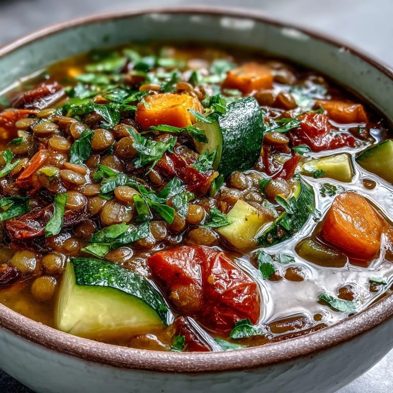 Overhead view of vibrant Lentil and Vegetable Soup in a ceramic bowl, highlighting the colorful medley of roasted veggies and fresh parsley garnish.