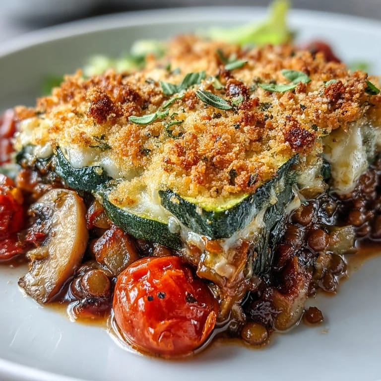 Serving of hearty Green Lentil and Vegetable Casserole on a white plate, garnished with fresh thyme and a side salad.