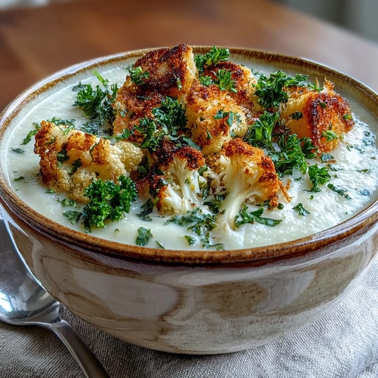 Comforting Cauliflower and Broccoli Soup blended silky smooth, garnished with fresh parsley and golden croutons for dipping.