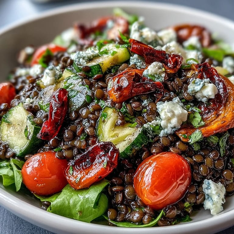 Fresh parsley and crumbled feta garnish this vibrant Black Lentil Salad, paired with lemon dressing in a rustic bowl.
