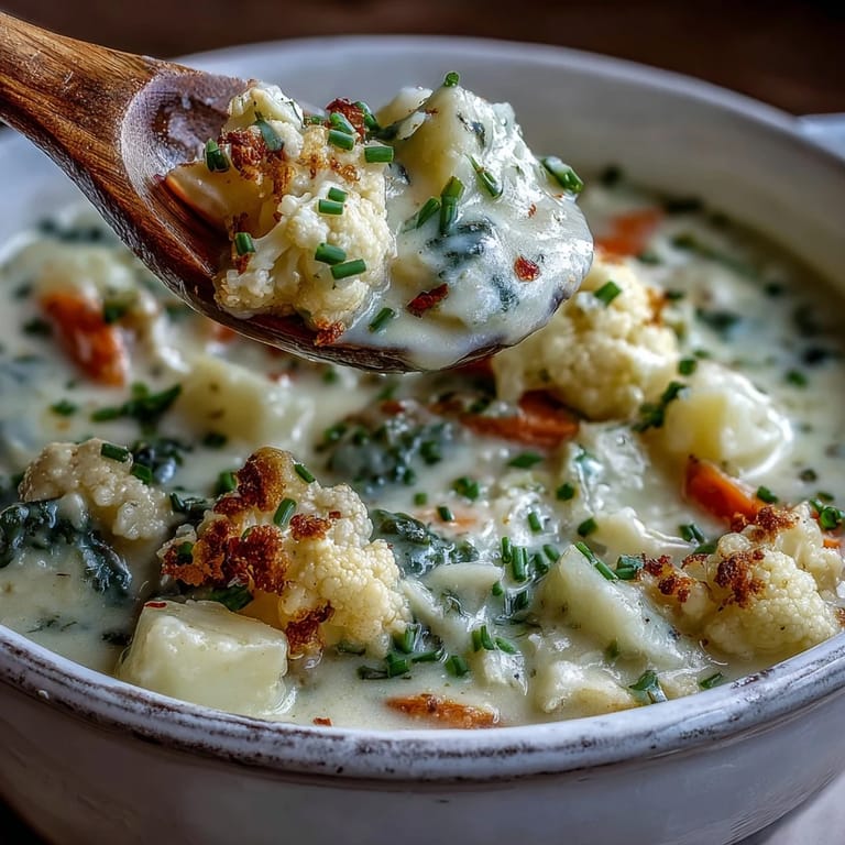 A bowl of Vegetarian Cauliflower Chowder paired with crusty bread, perfect for a comforting dinner.