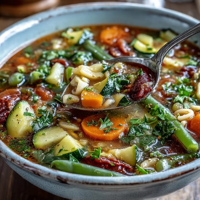 Rustic Italian Minestrone Vegetable Soup served in a ceramic bowl.