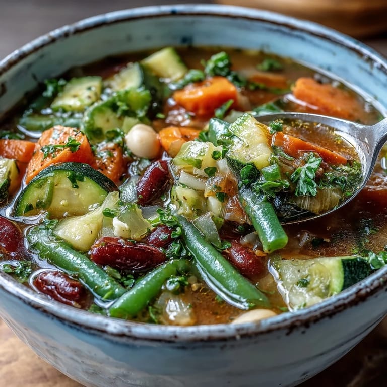 Hearty Minestrone Vegetable Soup garnished with fresh parsley and Parmesan.
