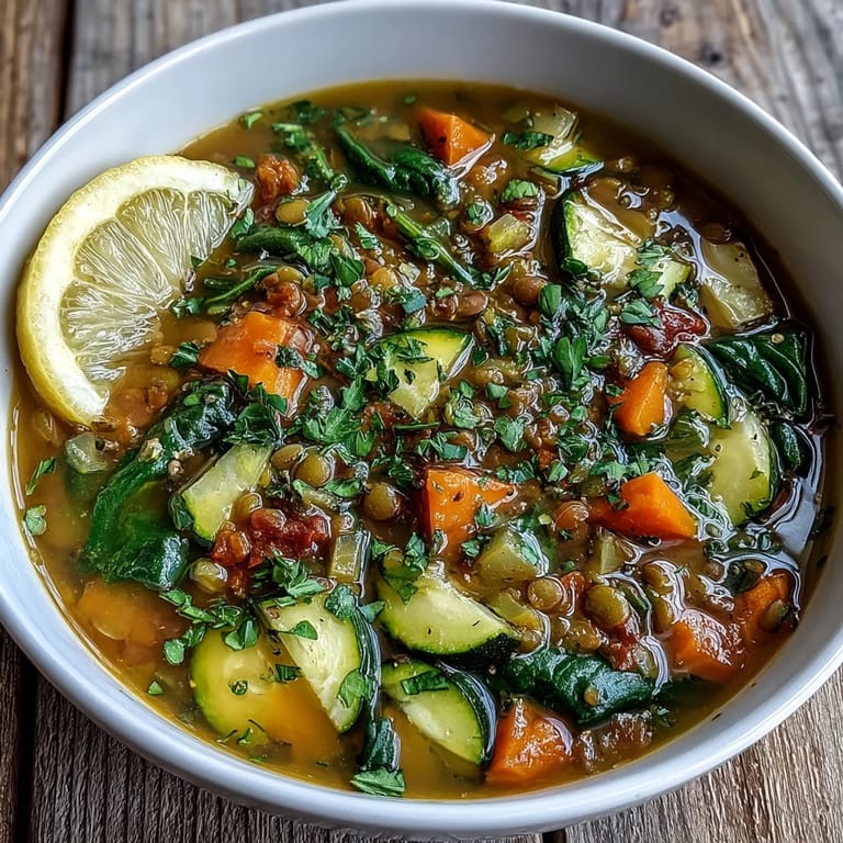 Close-up of homemade Lentil Soup garnished with fresh parsley and a lemon wedge, served with crusty artisan bread.