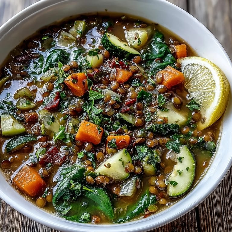 Vibrant, protein-packed Lentil Soup featuring zucchini, celery, and smoked paprika spices in a rustic ceramic bowl.