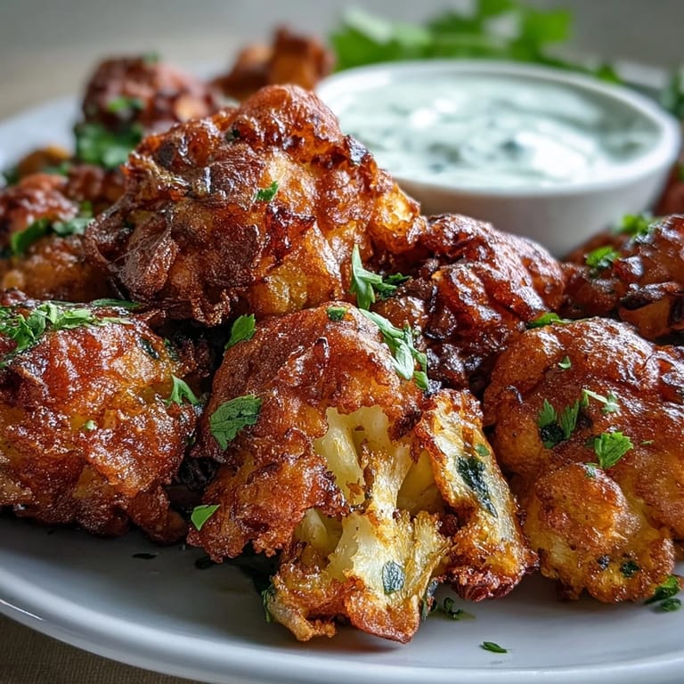 Freshly fried Cauliflower Bhajis sizzle on paper towels next to vibrant mint and cilantro garnish.