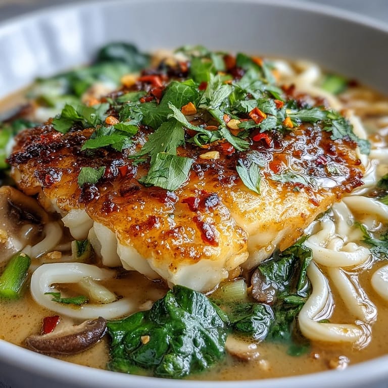 Easy Asian fusion dinner: tender Poached Cod With Spiced Coconut Broth and Udon Noodles, garnished with cilantro and a lime wedge.
