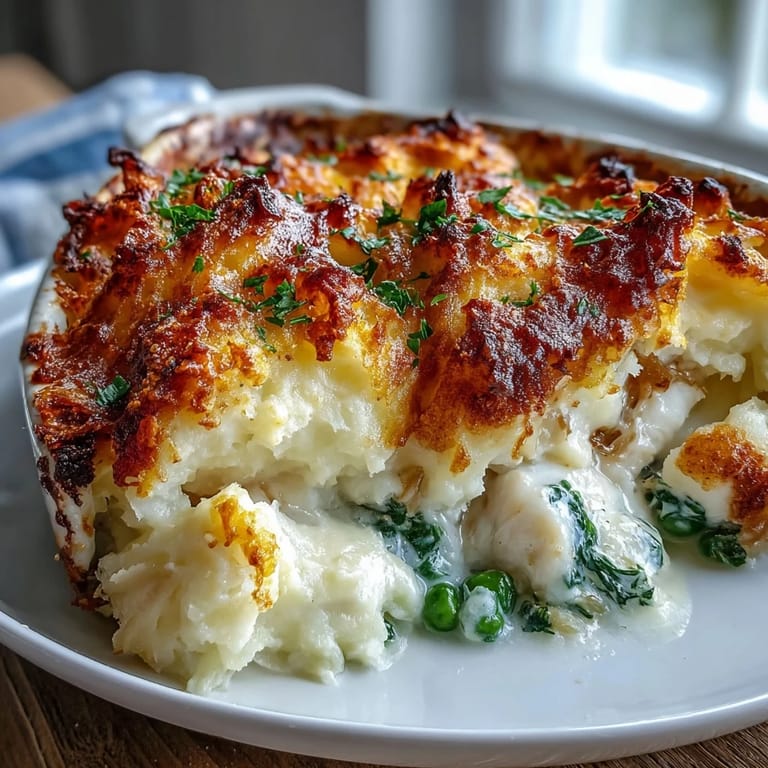 Creamy Curried Fish Pie filling with cod, shrimp, and sweet peas peeking through rustic mashed potato topping.