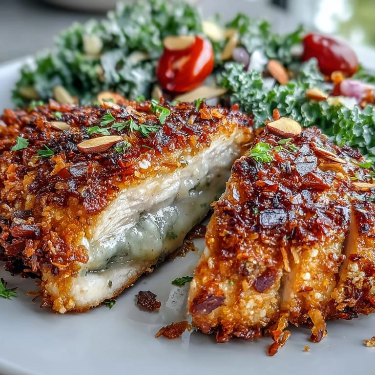 Freshly baked almond-crusted chicken is served over a colorful kale and sumac salad with cherry tomatoes and thinly sliced red onion.