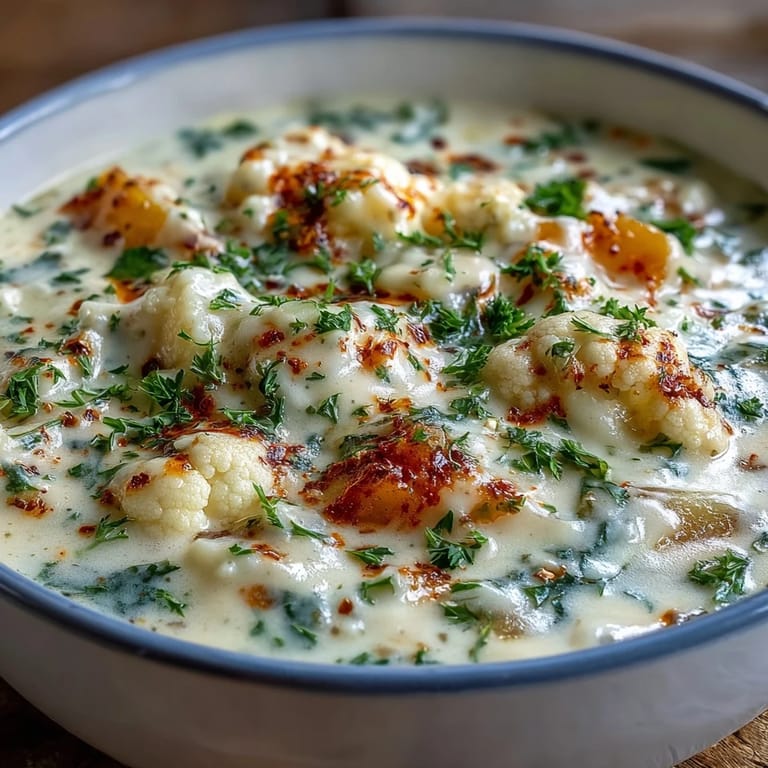 Creamy Vegetarian Cauliflower Chowder served with crusty bread for a comforting meal.