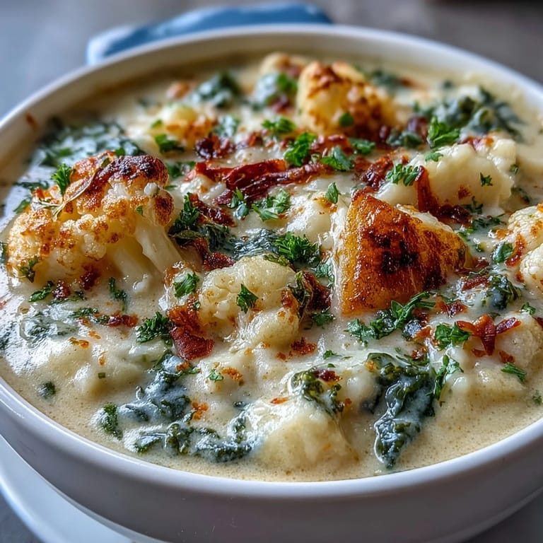 Vegetarian Cauliflower Chowder with tender cauliflower, potatoes, and carrots steaming in a bowl.