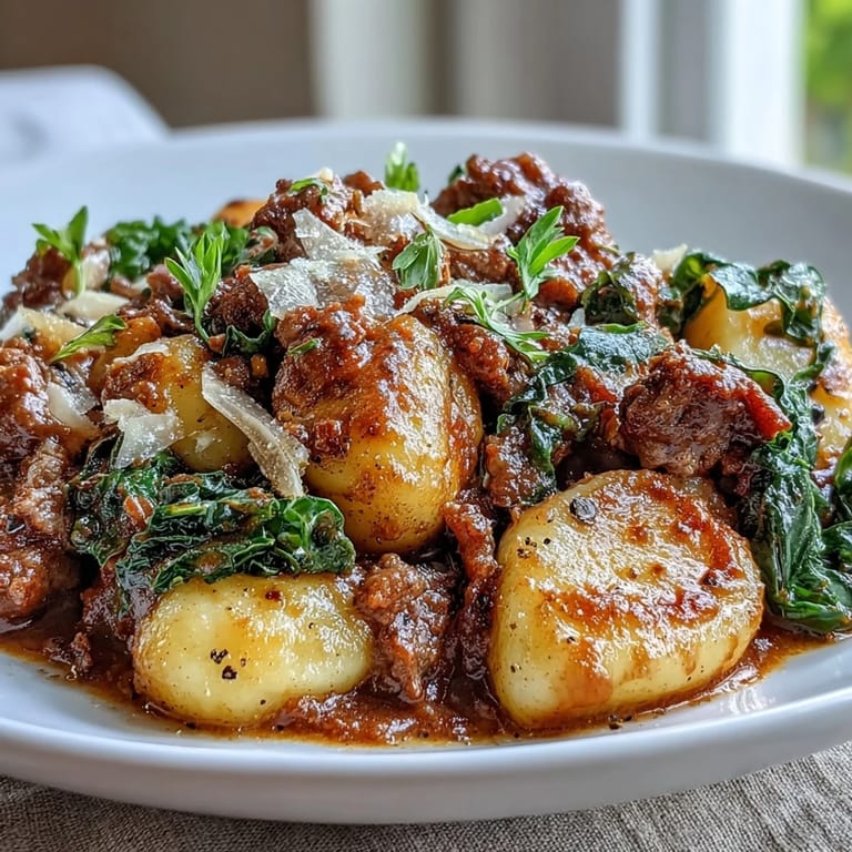 Tossing cooked gnocchi in a skillet of hearty kale and spicy sausage sauce. Close-up view of Sausage Gnocchi with Kale garnished with fresh basil leaves.