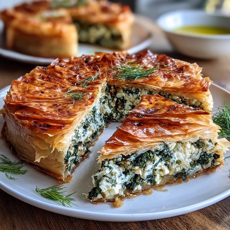 A freshly baked Feta and Kale Börek cut into slices, revealing vibrant greens.