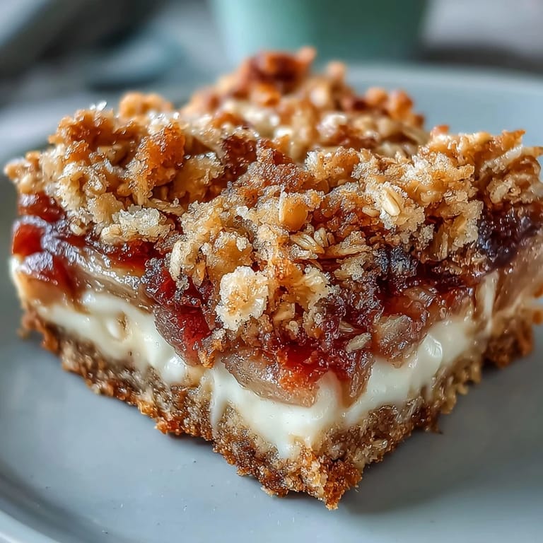 Homemade Rhubarb and Custard Crumble Bars served with powdered sugar dusting.