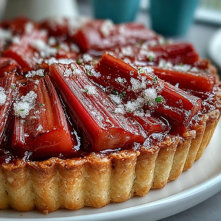 Sliced Rhubarb, White Chocolate, and Elderflower Tart showing flaky golden crust and glossy white chocolate custard, ready to serve.