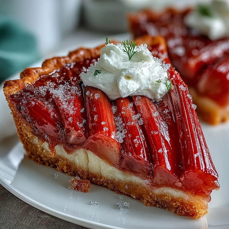 Fresh roasted rhubarb batons arranged neatly atop a Rhubarb, White Chocolate, and Elderflower Tart for a spring dessert.