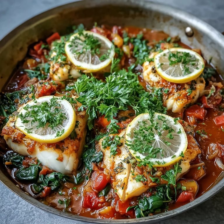 A steaming bowl of Spiced Cod One Pot with wilted spinach and lemon, ready to enjoy with crusty bread.