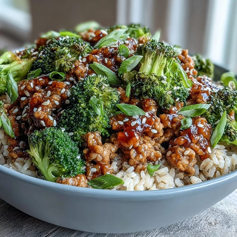 A close-up of the Sweet and Spicy Turkey Broccoli Bowls shows tender turkey glistening with honey glaze, garnished with fresh green onions and sesame seeds. 