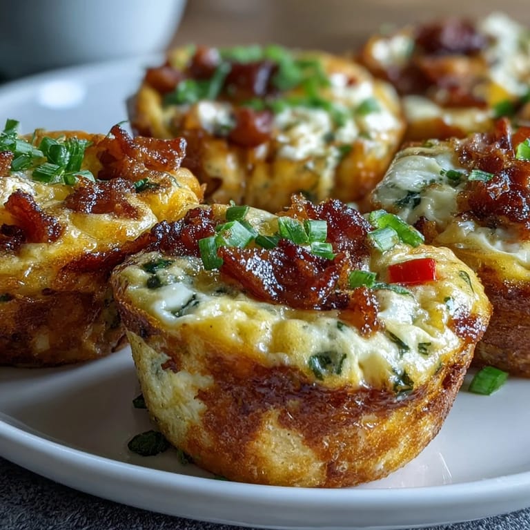 A close-up view of savory Breakfast Egg Muffins packed with diced onions and peppers, resting on a rustic wooden board for a cozy kitchen vibe.