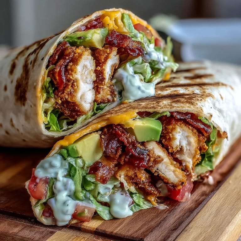 Handheld Crispy Chicken Bacon Wrap cut diagonally, showing layers of bacon, tender chicken, lettuce, and cheese inside.