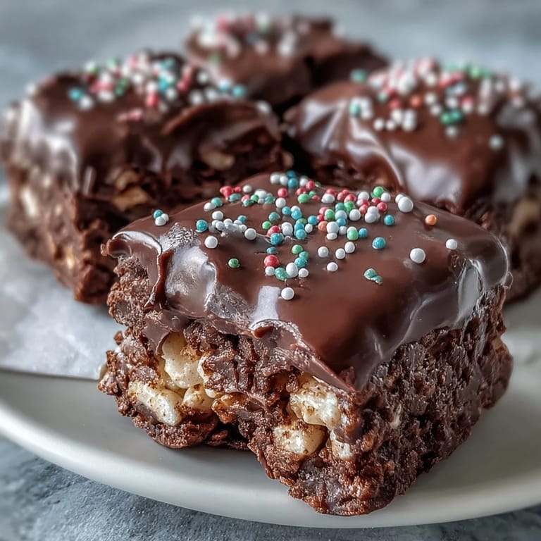 Stacked squares of chocolate covered Rice Krispy Treats, showcasing a crispy marshmallow base and generous sprinkle garnish.