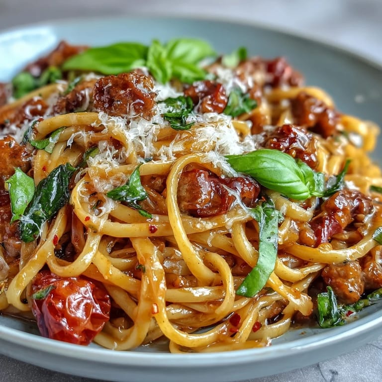 Freshly grated Parmesan and torn basil top vibrant Italian Drunken Noodles with shrimp or sausage.