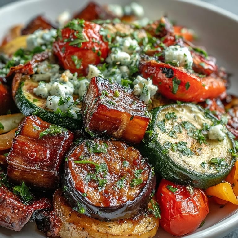 Tender Roasted Mediterranean Greek Vegetables topped with crumbled feta and fresh parsley on a rustic platter.