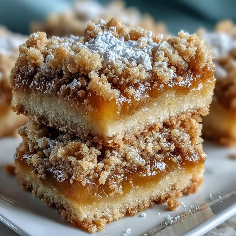 A single stacked bar reveals tender crumb topping and zesty lemon layer, served on a white plate with tea.