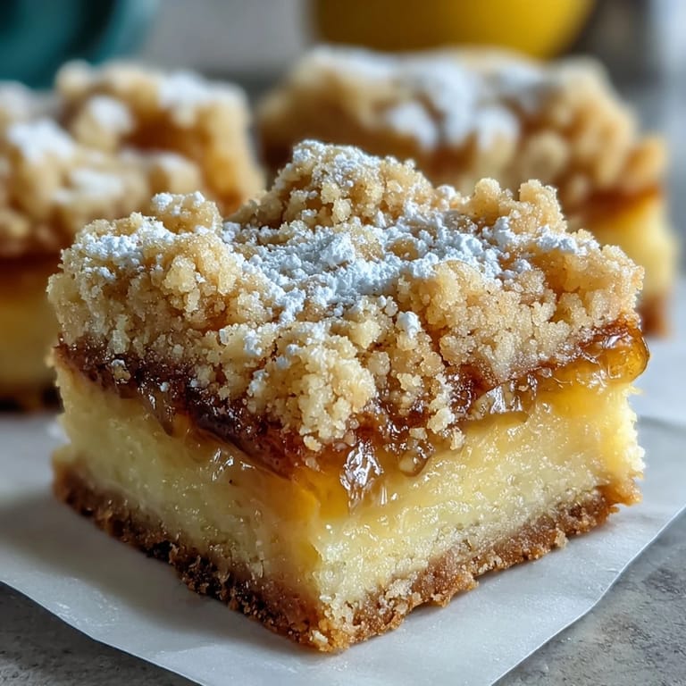 Overhead view of Homemade Lemon Crumb Bars cut into squares, powdered sugar dusting, ready to serve at a summer picnic.