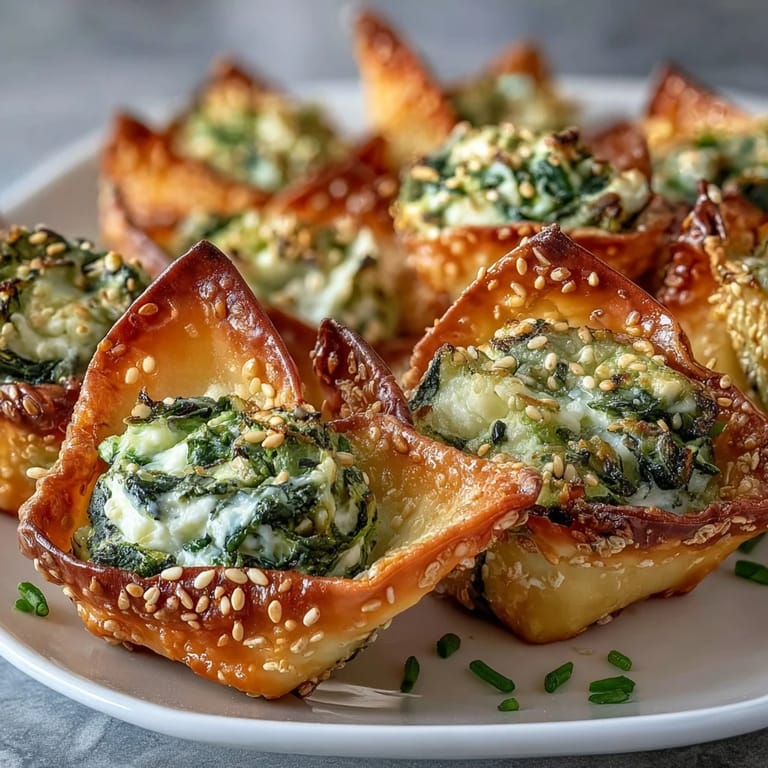 Golden-brown wonton cups filled with creamy feta and wilted spinach, served warm on a platter for a savory appetizer.  