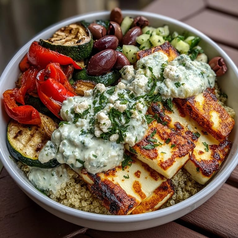 For a vegetarian twist, this Healthy Grilled Mediterranean Bowl features golden halloumi, crisp veggies, and a cooling drizzle of tzatziki.