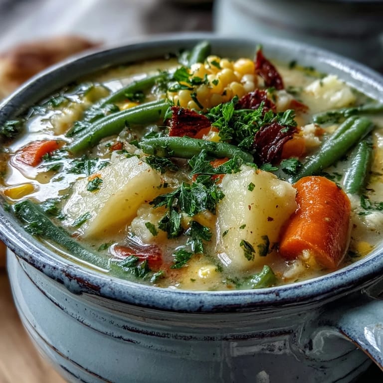 A cozy bowl of Amish Snow Day Soup with corn and bell pepper, steaming beside crusty bread for dipping.