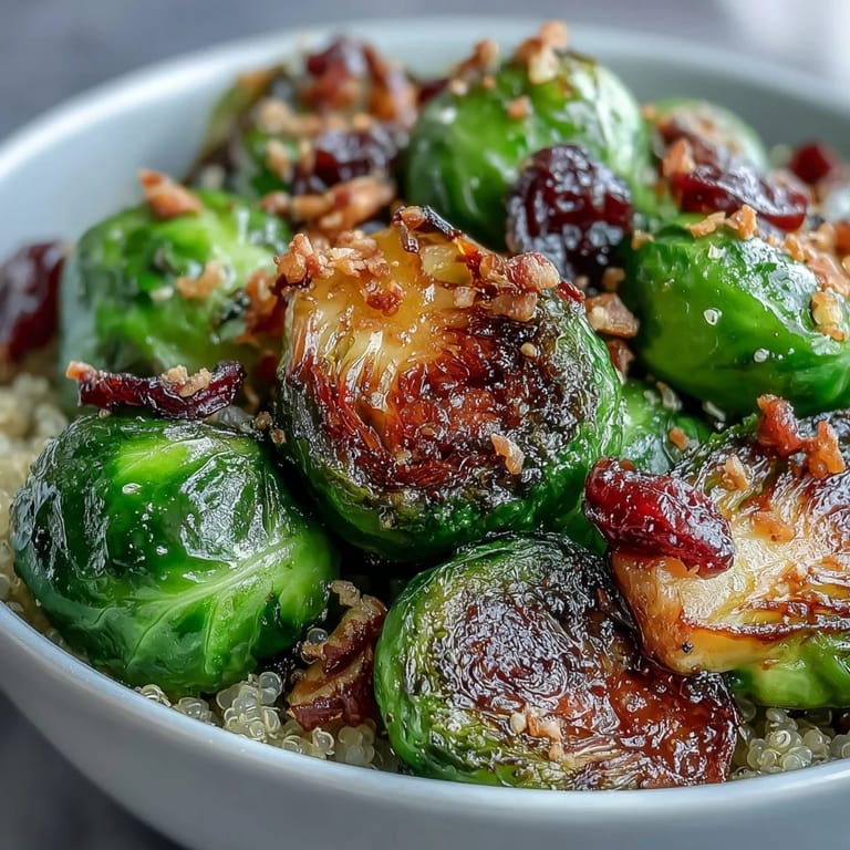Overhead view of a wholesome Roasted Brussels Sprouts Bowl with toasted pecans and tart cranberries.
