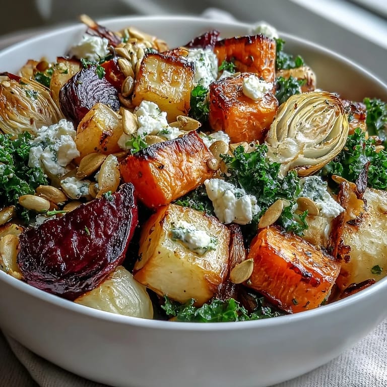 A vibrant Winter Root Vegetable Bowl with caramelized sweet potato, beets, and tangy Dijon dressing ready to serve.