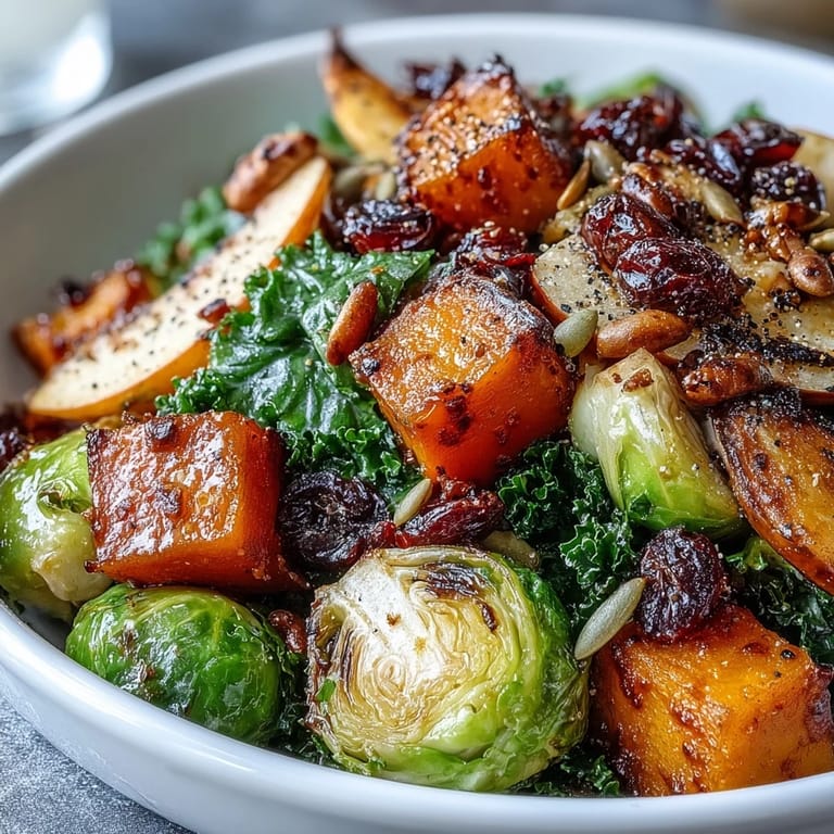 Fall Vegetable Bowl served warm over farro with caramelized apples and savory herbs on a rustic table.