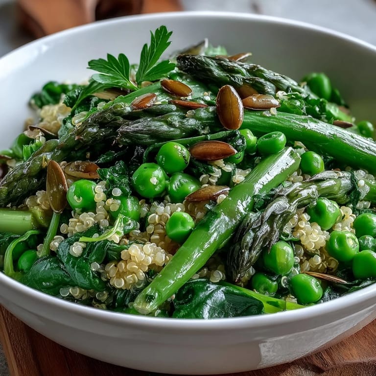 Overhead view of a nutritious Spring Green Bowl with quinoa base, colorful spring vegetables, and a light lemon vinaigrette, ready to serve.