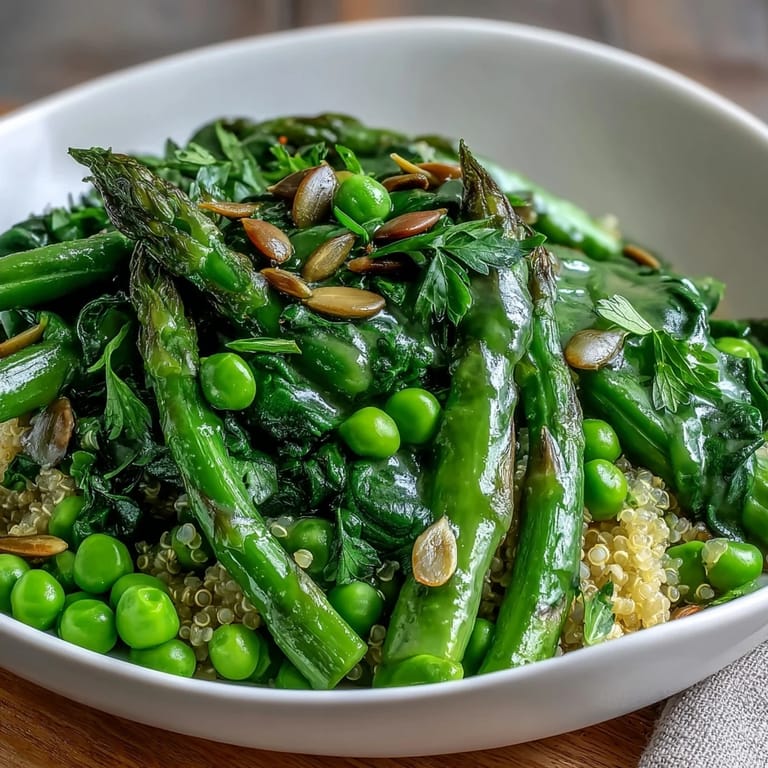 A close-up of the Spring Green Bowl reveals bright green vegetables, fluffy grains, and a garnish of toasted seeds and fresh herbs. 