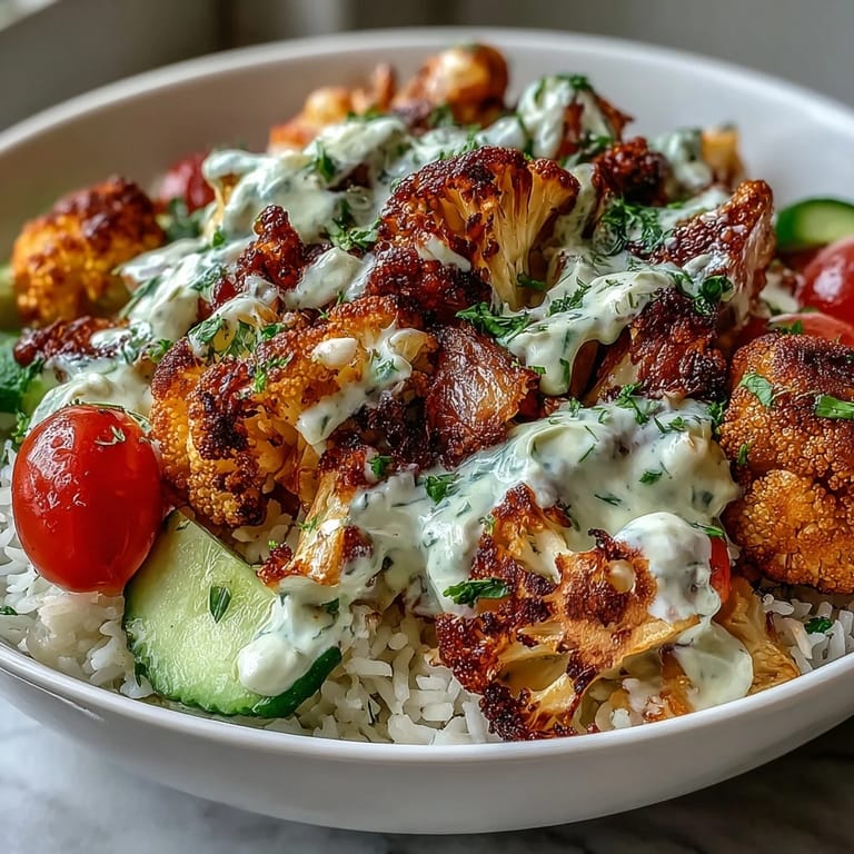 Bright red tomatoes, cucumber, and shredded carrots top the Roasted Cauliflower Bowl, served on a white plate.