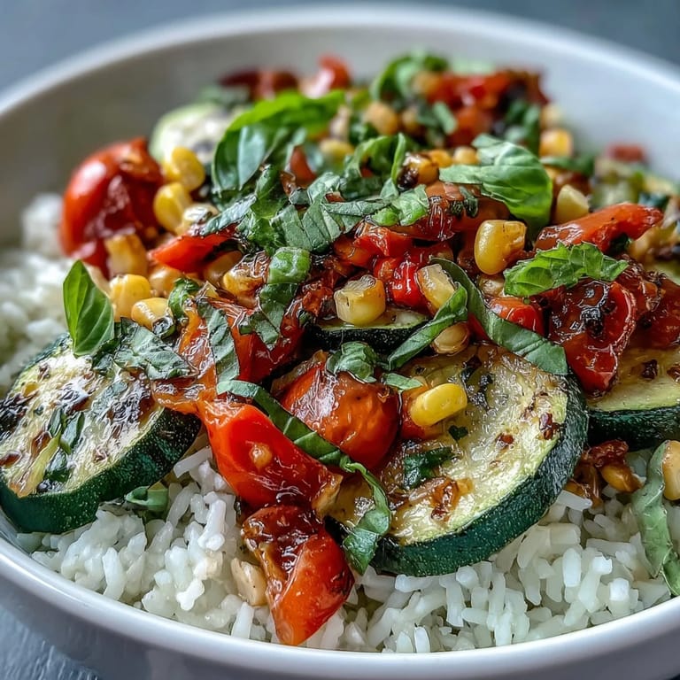 Vibrant Summer Vegetable Bowl topped with juicy tomatoes and fragrant basil, served in a white ceramic bowl. 
