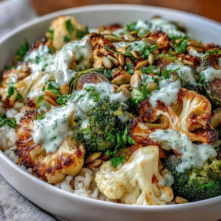 Hearty grains and crisp-tender vegetables in the Roasted Brassica Bowl are garnished with crunchy pumpkin seeds and fresh parsley.