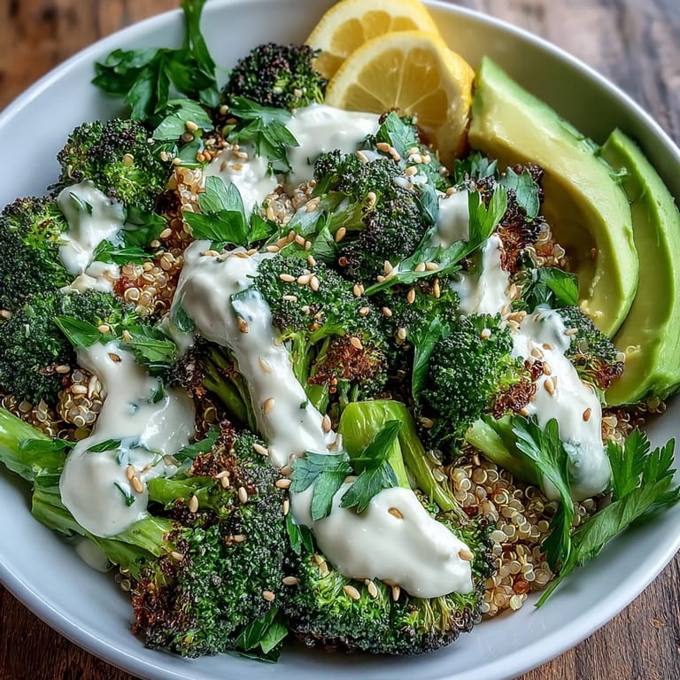 Golden crispy roasted broccoli and red onion served over grains for a wholesome vegan lunch.