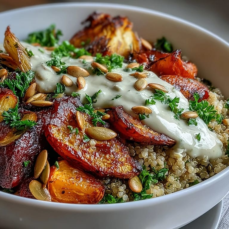 Vibrant caramelized root vegetables and fresh parsley garnish a warm Roasted Root Vegetable Bowl served over quinoa with tahini. 