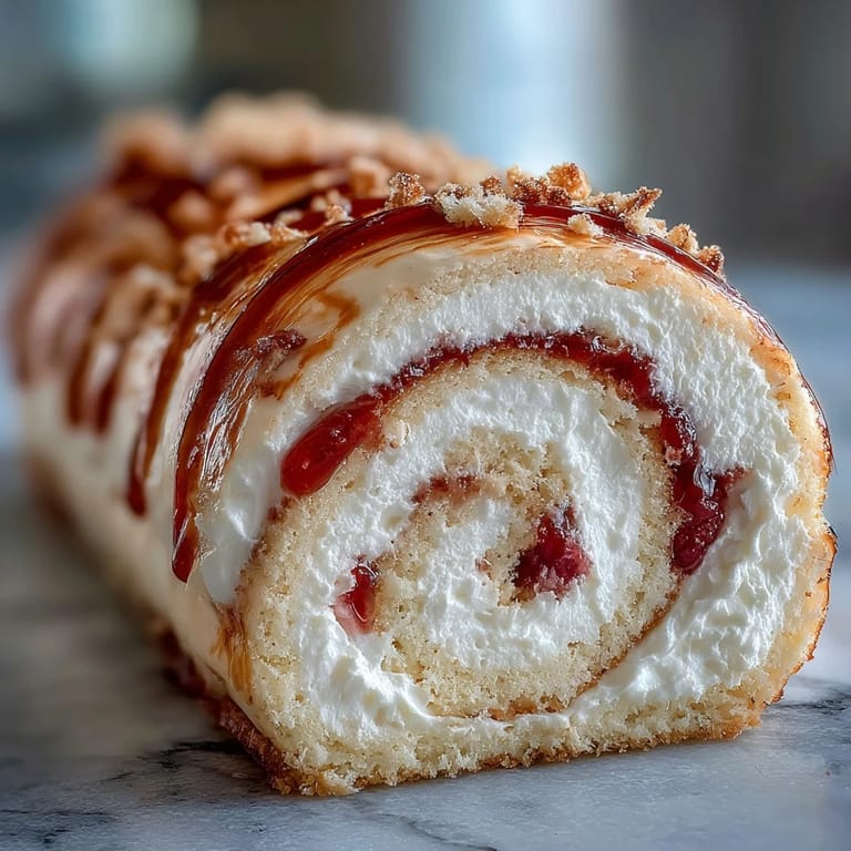 A close-up of a sliced Homemade Brazo Gitano, showing the soft vanilla sponge and glossy guava paste filling.