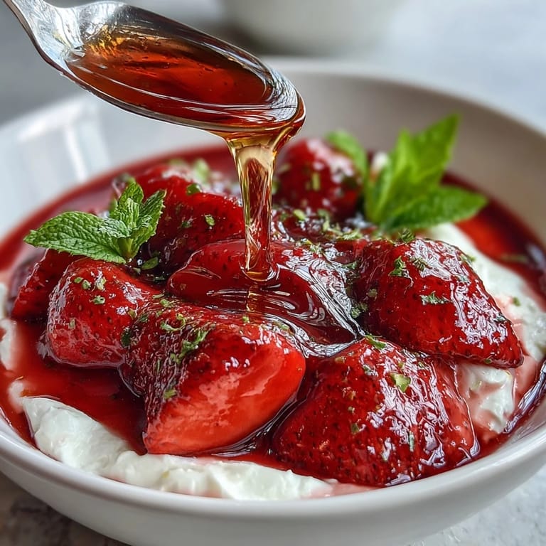 Creamy Greek yogurt topped with warm strawberry compote, crunchy almonds, and fresh mint for a refreshing morning treat.